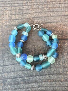 Blue Green Sea Glass Sterling Silver Bead Bracelet Toggle Clasp Handmade 8”